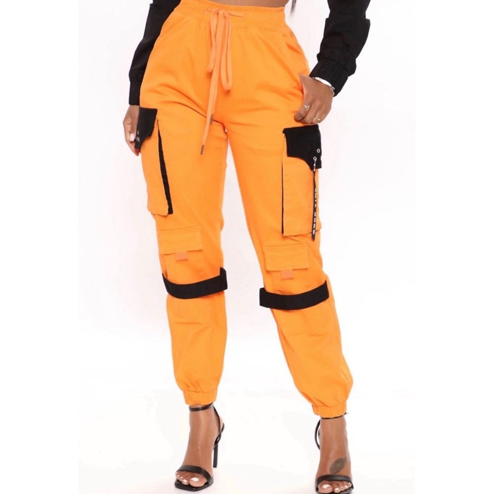Fashion Nova Womens Cargo Pants Joggers Orange Black Straps Size Medium